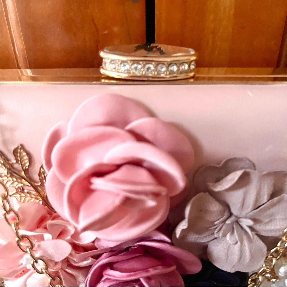 Elegant Floral & Pearl & Crystal Embellished Evening Clutch & Crossbody Bag